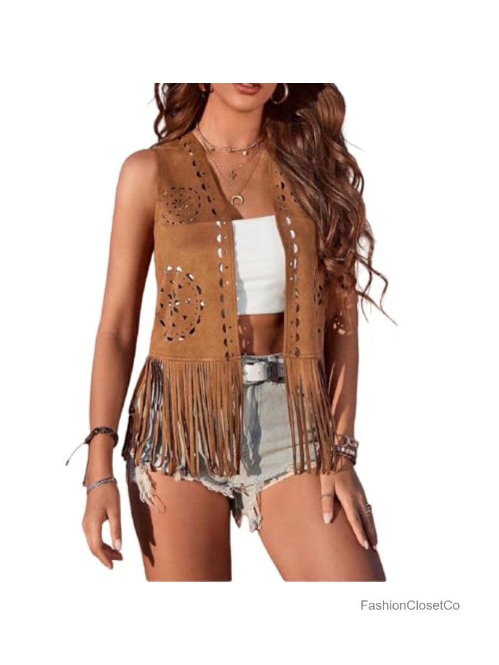 Faux Suede Fringe Vest Hippie 70s Western Cowgirl Sleeveless Cardigan Boho - Picture 1 of 6